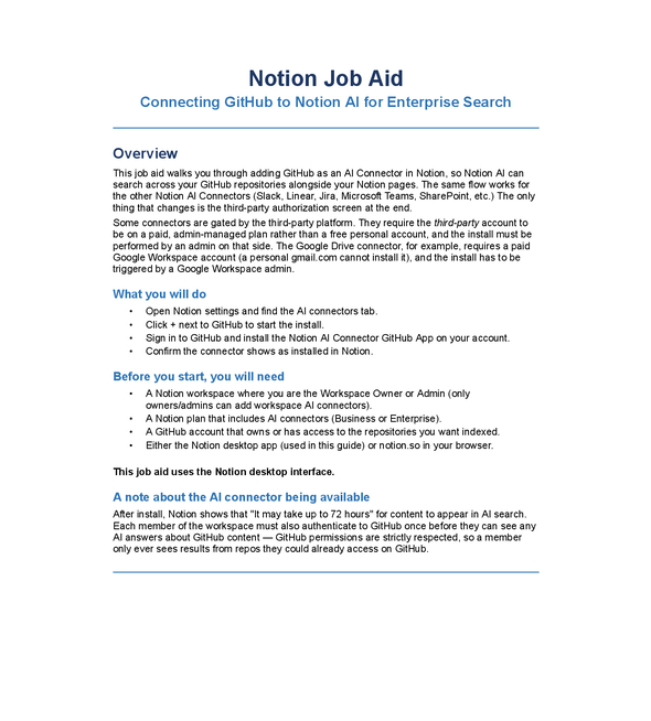 Thumbnail preview of Notion GitHub AI connector job aid